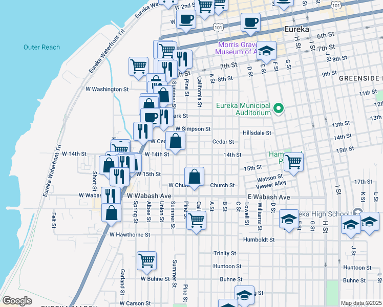 map of restaurants, bars, coffee shops, grocery stores, and more near 1400-1420 Pine Street in Eureka