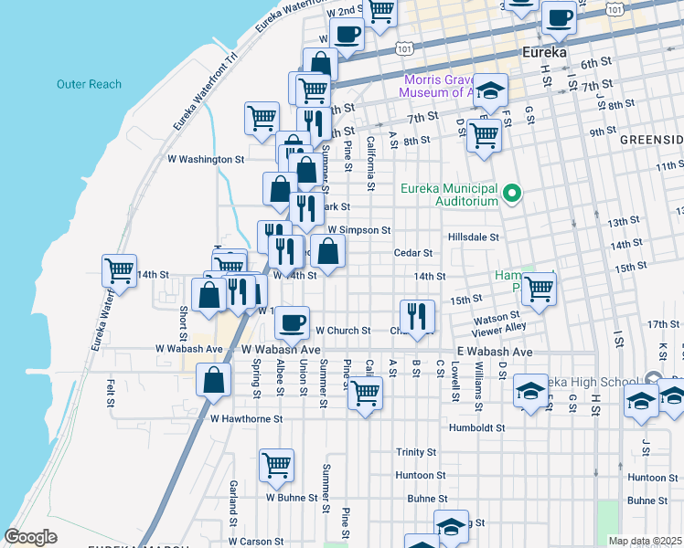 map of restaurants, bars, coffee shops, grocery stores, and more near 1420 Pine Street in Eureka