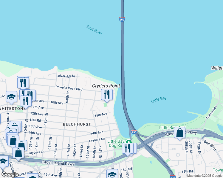 map of restaurants, bars, coffee shops, grocery stores, and more near 167-21 Powells Cove Boulevard in Queens
