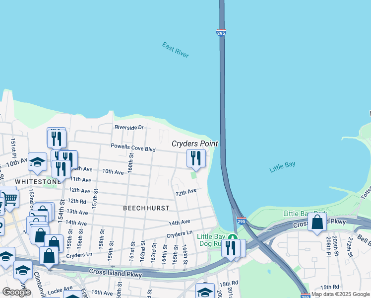 map of restaurants, bars, coffee shops, grocery stores, and more near 16625 Powells Cove Boulevard in Queens