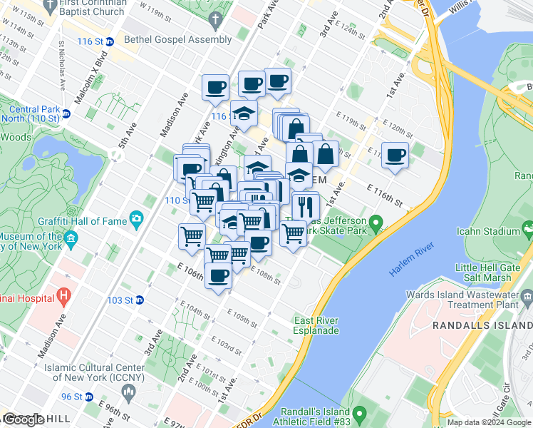 map of restaurants, bars, coffee shops, grocery stores, and more near in New York