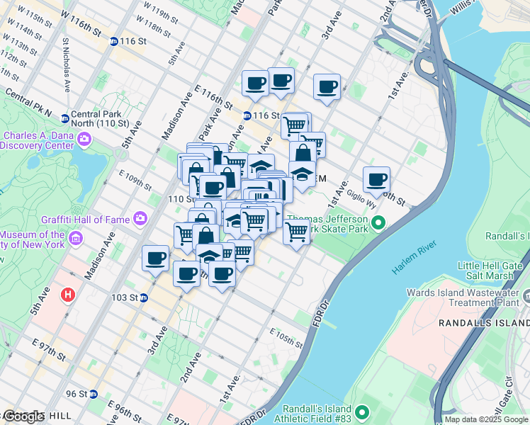 map of restaurants, bars, coffee shops, grocery stores, and more near 236 East 111th Street in New York