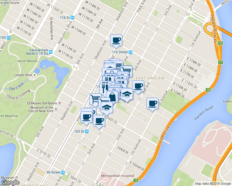 map of restaurants, bars, coffee shops, grocery stores, and more near 169 East 109th Street in New York