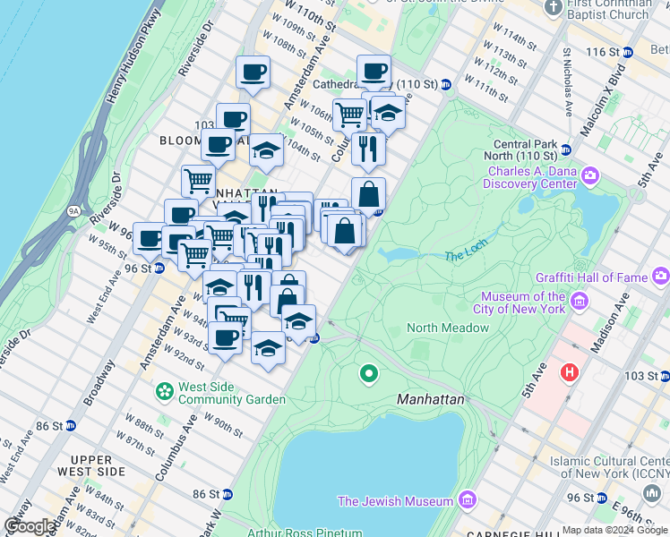 map of restaurants, bars, coffee shops, grocery stores, and more near 400 Central Park West in New York