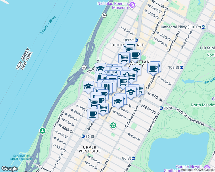 map of restaurants, bars, coffee shops, grocery stores, and more near in New York