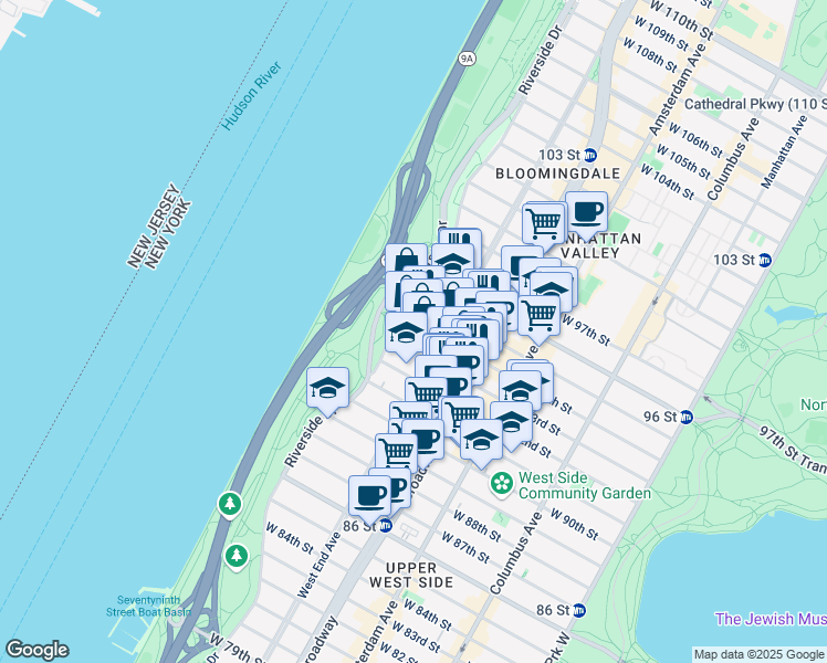 map of restaurants, bars, coffee shops, grocery stores, and more near 317 West 93rd Street in New York