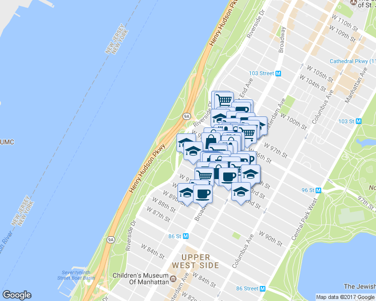 map of restaurants, bars, coffee shops, grocery stores, and more near 317 West 93rd Street in New York