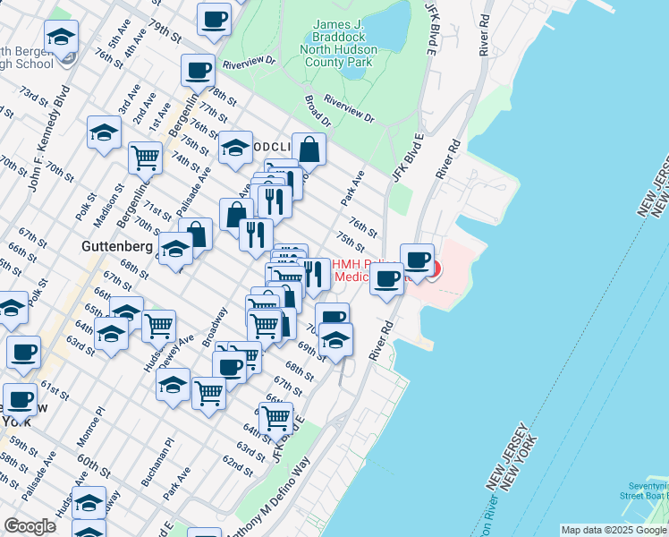 map of restaurants, bars, coffee shops, grocery stores, and more near 7301 Boulevard East in North Bergen