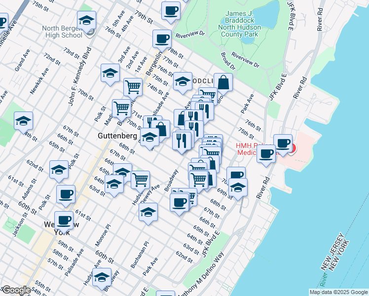 map of restaurants, bars, coffee shops, grocery stores, and more near 204 70th Street in Guttenberg