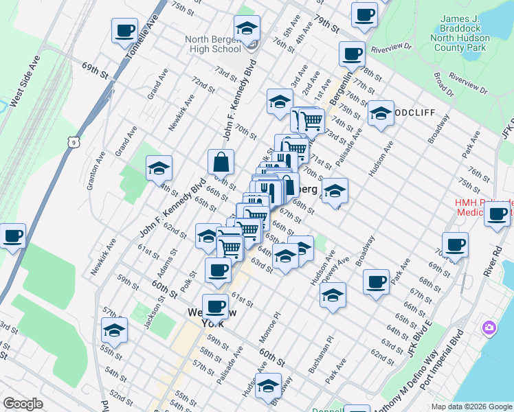 map of restaurants, bars, coffee shops, grocery stores, and more near 509 67th Street in West New York