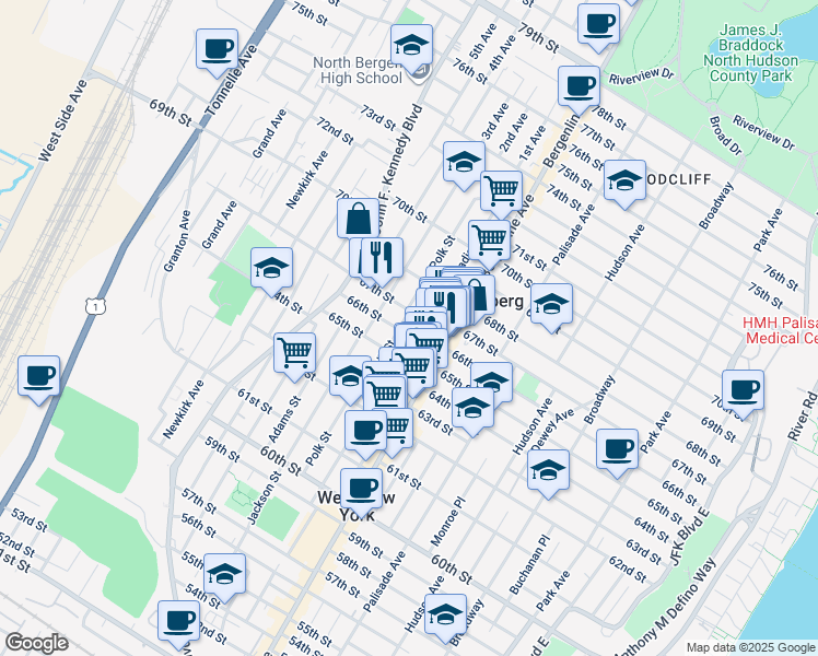 map of restaurants, bars, coffee shops, grocery stores, and more near 6518 Polk Street in West New York