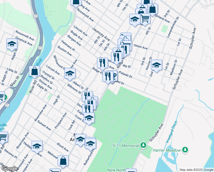 map of restaurants, bars, coffee shops, grocery stores, and more near 425 Ridge Road in North Arlington