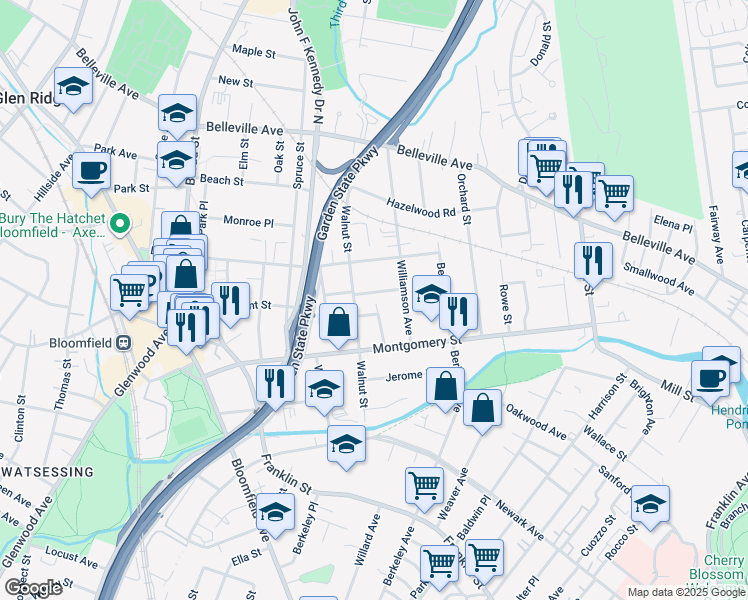 map of restaurants, bars, coffee shops, grocery stores, and more near 22 Walnut Terrace in Bloomfield