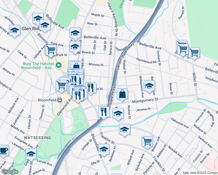 map of restaurants, bars, coffee shops, grocery stores, and more near 48 Spruce Street in Bloomfield