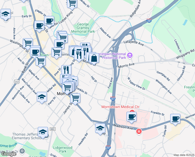 map of restaurants, bars, coffee shops, grocery stores, and more near 45 Hill Street in Morristown