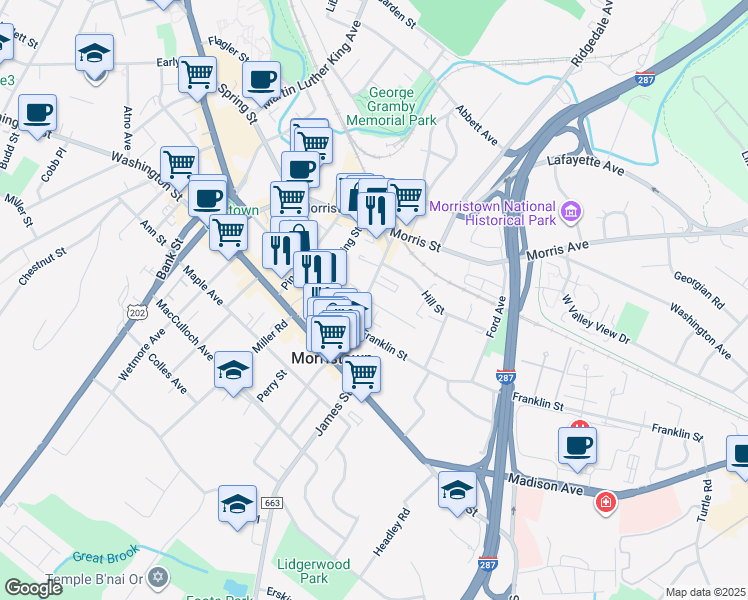 map of restaurants, bars, coffee shops, grocery stores, and more near 20 Elm Street in Morristown
