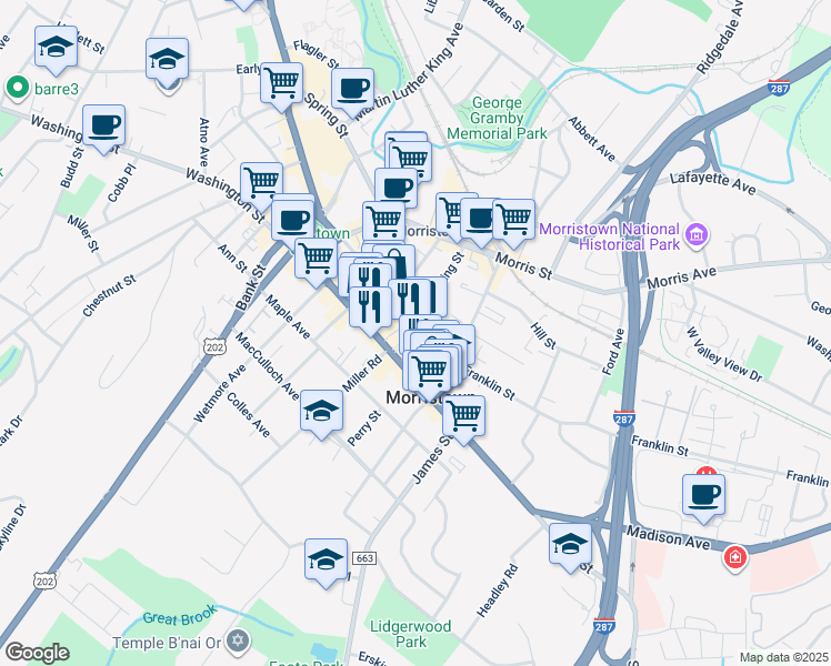 map of restaurants, bars, coffee shops, grocery stores, and more near 110 South Street in Morristown
