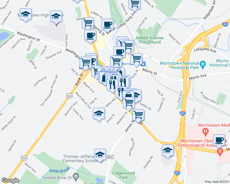 map of restaurants, bars, coffee shops, grocery stores, and more near 100 South Street in Morristown