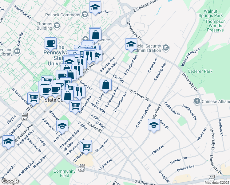 map of restaurants, bars, coffee shops, grocery stores, and more near Oak Alley in State College