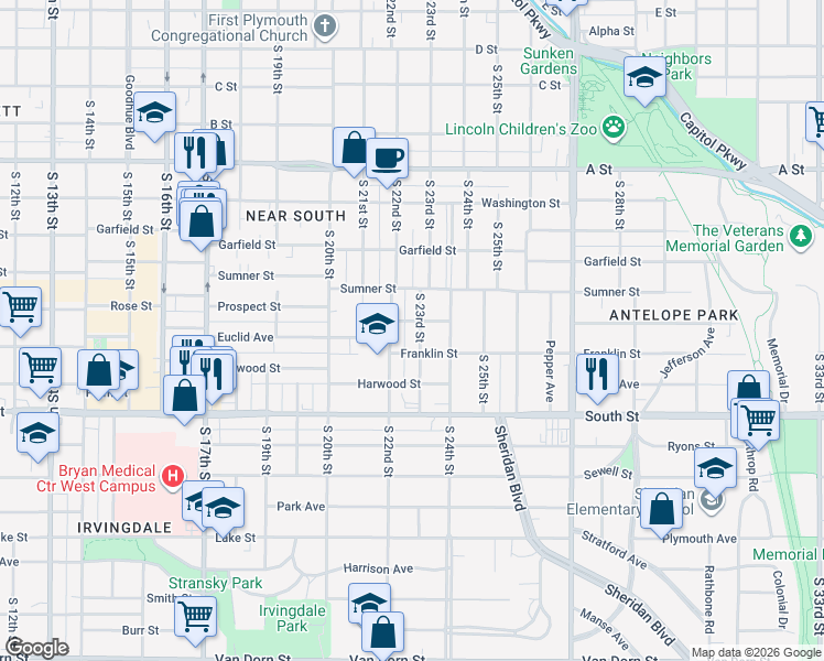 map of restaurants, bars, coffee shops, grocery stores, and more near 1819 South 23rd Street in Lincoln