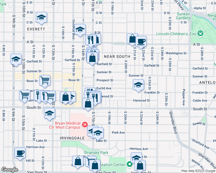 map of restaurants, bars, coffee shops, grocery stores, and more near 1836 Euclid Avenue in Lincoln