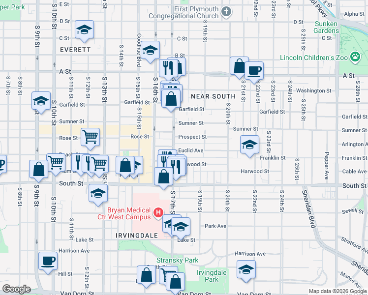 map of restaurants, bars, coffee shops, grocery stores, and more near 1725 Euclid Avenue in Lincoln