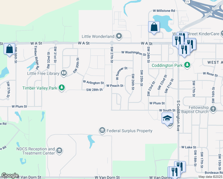 map of restaurants, bars, coffee shops, grocery stores, and more near 1916 Southwest 27th Street in Lincoln