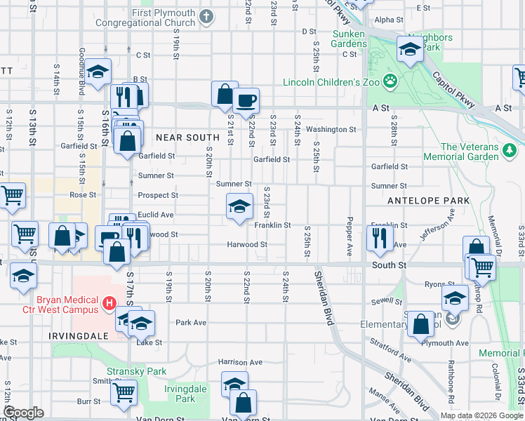 map of restaurants, bars, coffee shops, grocery stores, and more near 1819 South 23rd Street in Lincoln