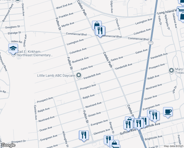 map of restaurants, bars, coffee shops, grocery stores, and more near 285 Vanderbilt Avenue in Brentwood