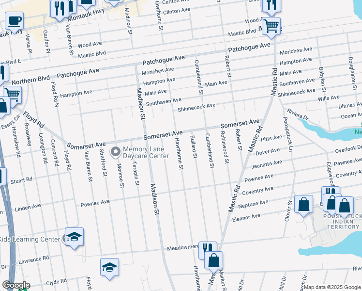 map of restaurants, bars, coffee shops, grocery stores, and more near 139 Hawthorne Street in Mastic