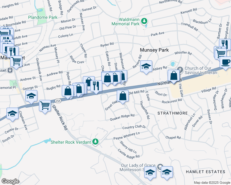 map of restaurants, bars, coffee shops, grocery stores, and more near 23 Pickwick Road in Manhasset