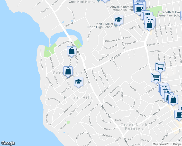 map of restaurants, bars, coffee shops, grocery stores, and more near 6 Parkside Drive in Great Neck