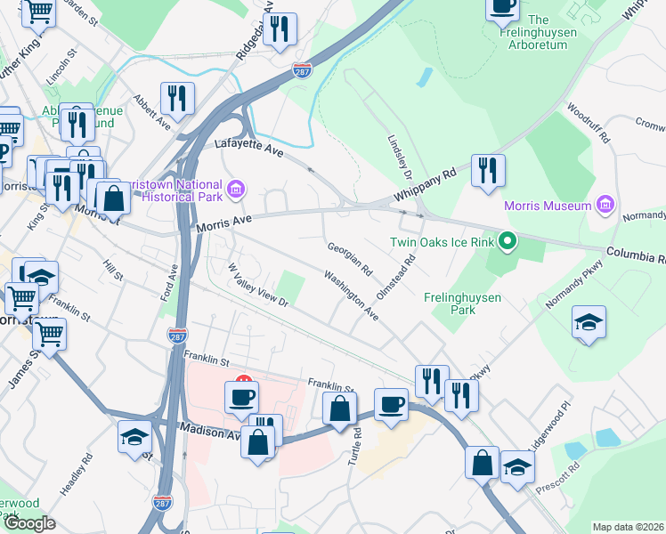 map of restaurants, bars, coffee shops, grocery stores, and more near 62 Washington Avenue in Morristown