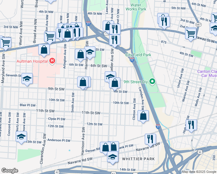 map of restaurants, bars, coffee shops, grocery stores, and more near 815 Dueber Avenue Southwest in Canton