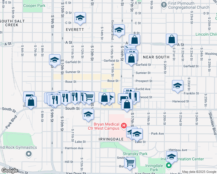 map of restaurants, bars, coffee shops, grocery stores, and more near 1444 Peach Street in Lincoln