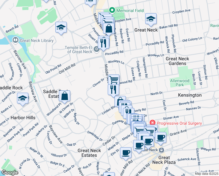 map of restaurants, bars, coffee shops, grocery stores, and more near 208 Middle Neck Road in Great Neck