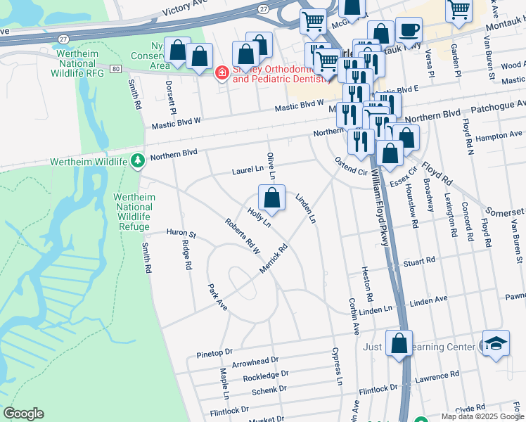 map of restaurants, bars, coffee shops, grocery stores, and more near 21 Holly Lane in Shirley