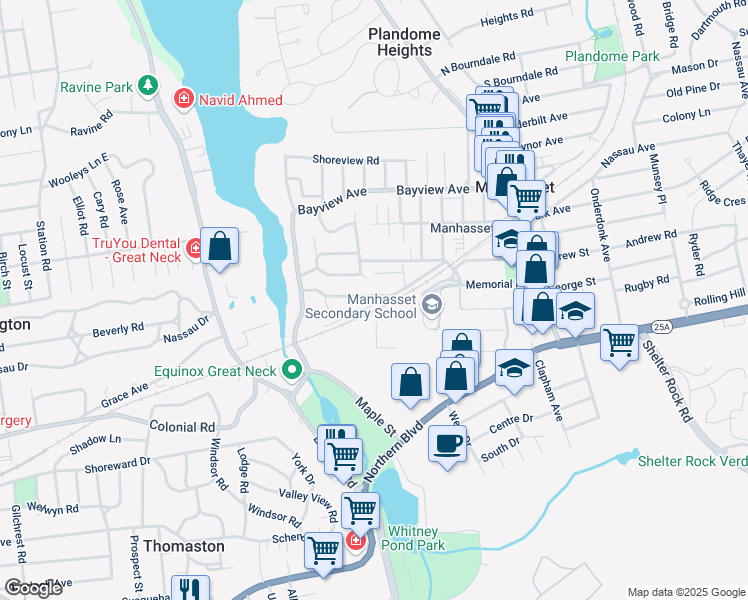 map of restaurants, bars, coffee shops, grocery stores, and more near 220 Thompson Shore Road in Manhasset