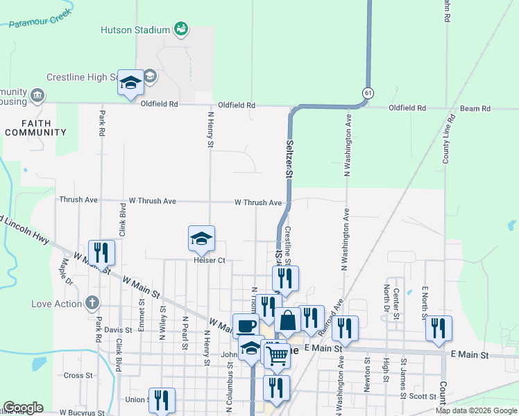 map of restaurants, bars, coffee shops, grocery stores, and more near 114 West Thrush Avenue in Crestline
