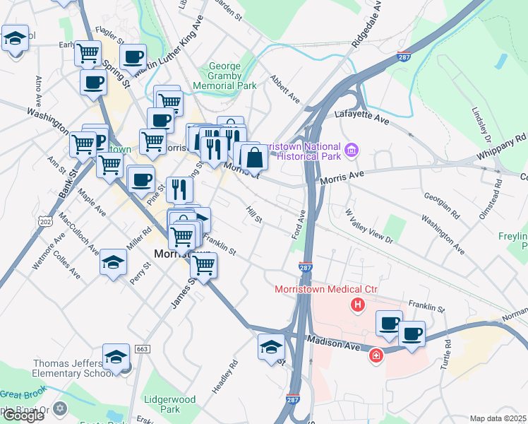 map of restaurants, bars, coffee shops, grocery stores, and more near 38 Hill Street in Morristown