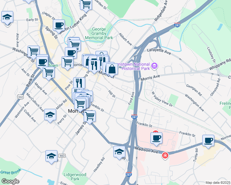 map of restaurants, bars, coffee shops, grocery stores, and more near 44 Hill Street in Morristown