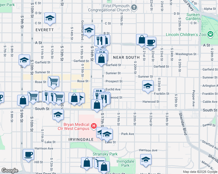 map of restaurants, bars, coffee shops, grocery stores, and more near 1725 Euclid Avenue in Lincoln