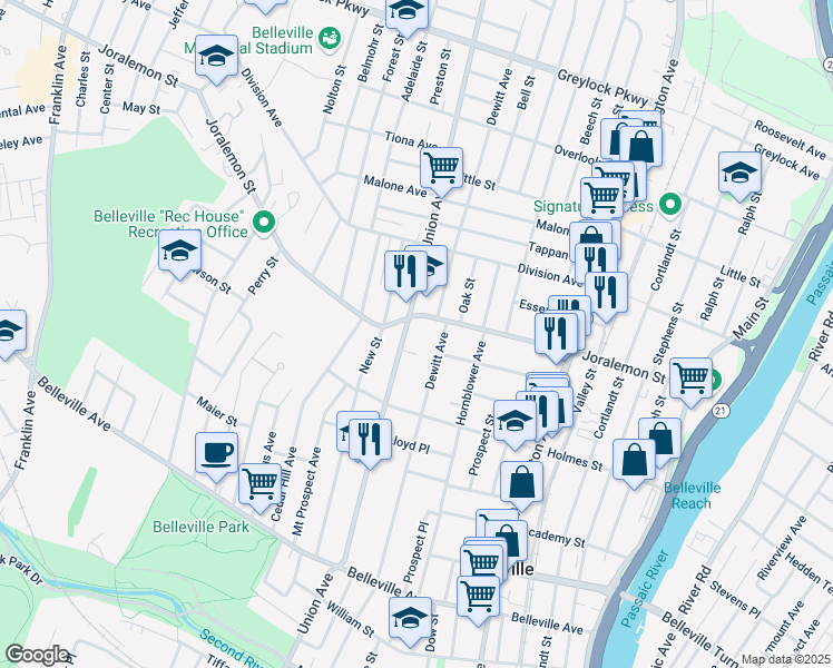 map of restaurants, bars, coffee shops, grocery stores, and more near 205 Dewitt Avenue in Belleville