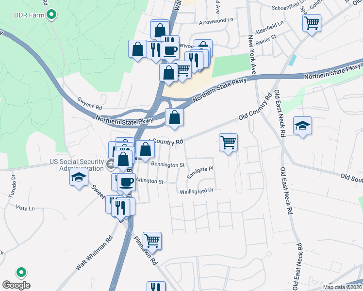 map of restaurants, bars, coffee shops, grocery stores, and more near 204 Old Country Road in Melville