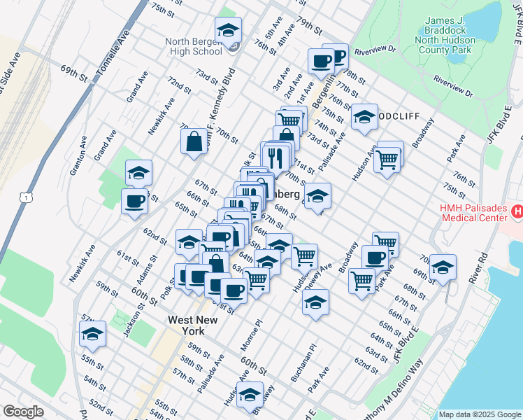 map of restaurants, bars, coffee shops, grocery stores, and more near 439 67th Street in West New York