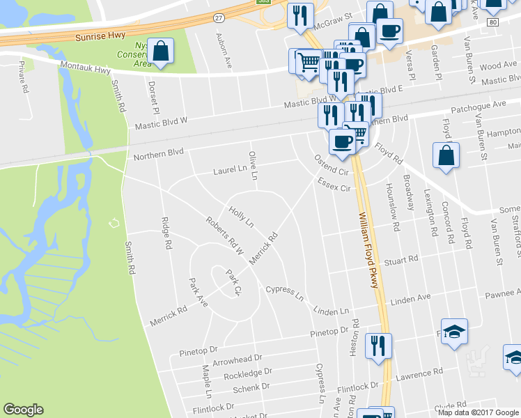 map of restaurants, bars, coffee shops, grocery stores, and more near 21 Holly Lane in Shirley