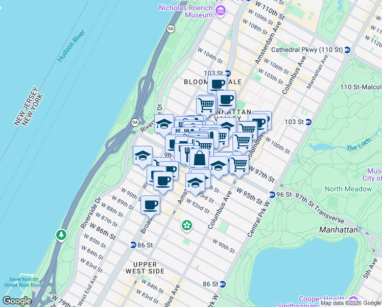 map of restaurants, bars, coffee shops, grocery stores, and more near 214 West 96th Street in New York