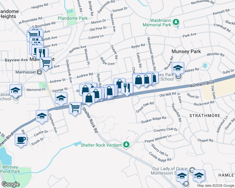 map of restaurants, bars, coffee shops, grocery stores, and more near 1554 Northern Boulevard in Manhasset