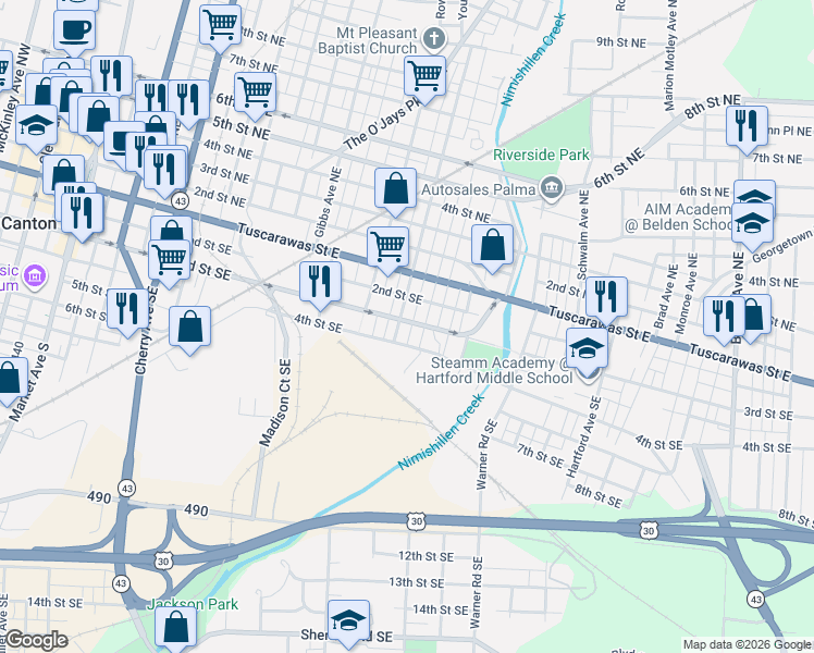 map of restaurants, bars, coffee shops, grocery stores, and more near 1420 3rd Street Southeast in Canton