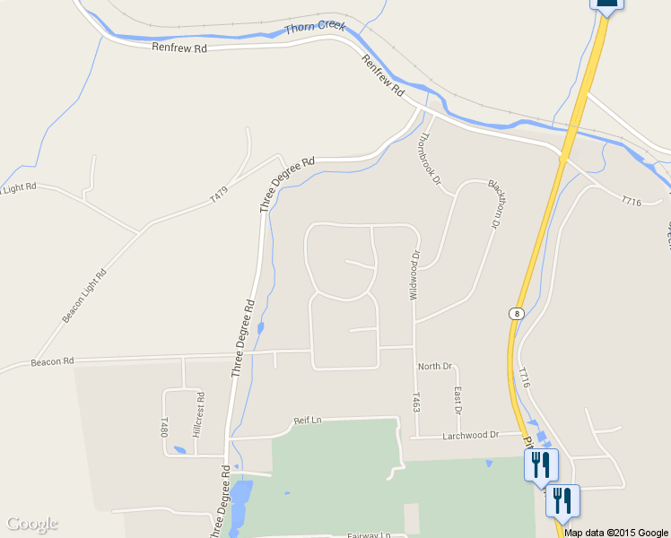 map of restaurants, bars, coffee shops, grocery stores, and more near 480 Three Degree Road in Renfrew